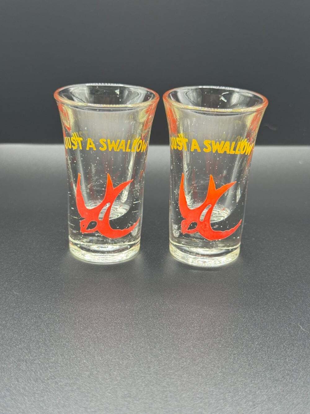 Vintage Collectible "Just A Swallow" Shotglass Glass Red Swallow Bird Set of 2